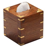Handmade Wooden Tissue Box - 6 Inch Square, Brown With Inlay Brass | Ethnic Decorative Design For Indoor And Outdoor Use