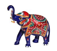Meenakari Work Handmade Metal Elephant Figurine - Aluminium Metal, Dark Blue And Multi-color, Elegant Decorative Piece For Indoor And Outdoor Use