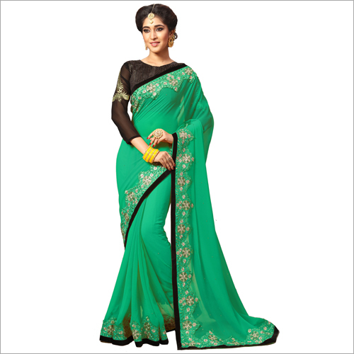 Embroidered Designer Green Georgette Saree