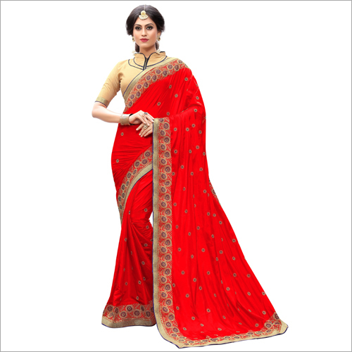 Embroidered Designer Red Silk Saree