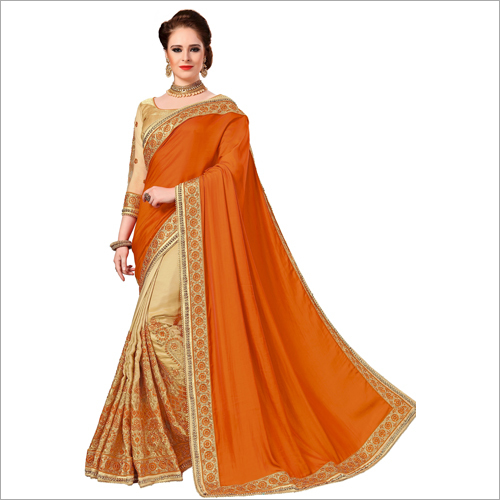 Satin Half And Half Silk Embroidered Saree Collection