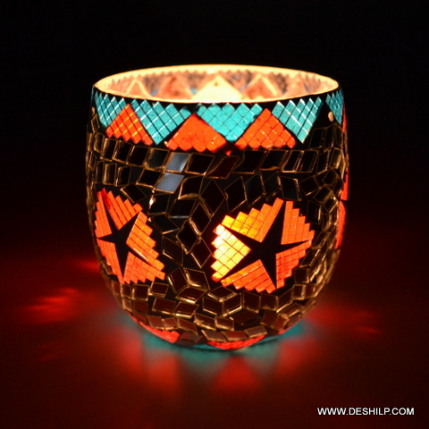 MOSAIC DECORATED GLASS CANDLE HOLDER