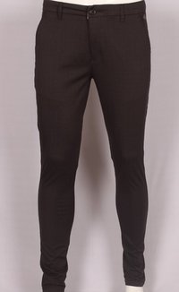 Cotton Mens Lycra Pant - Linen Look Lycra, Sizes 30-38, Brown, Slim Fit Design, Four Pockets, Zipper Fly, Self Dobby Checks Pattern