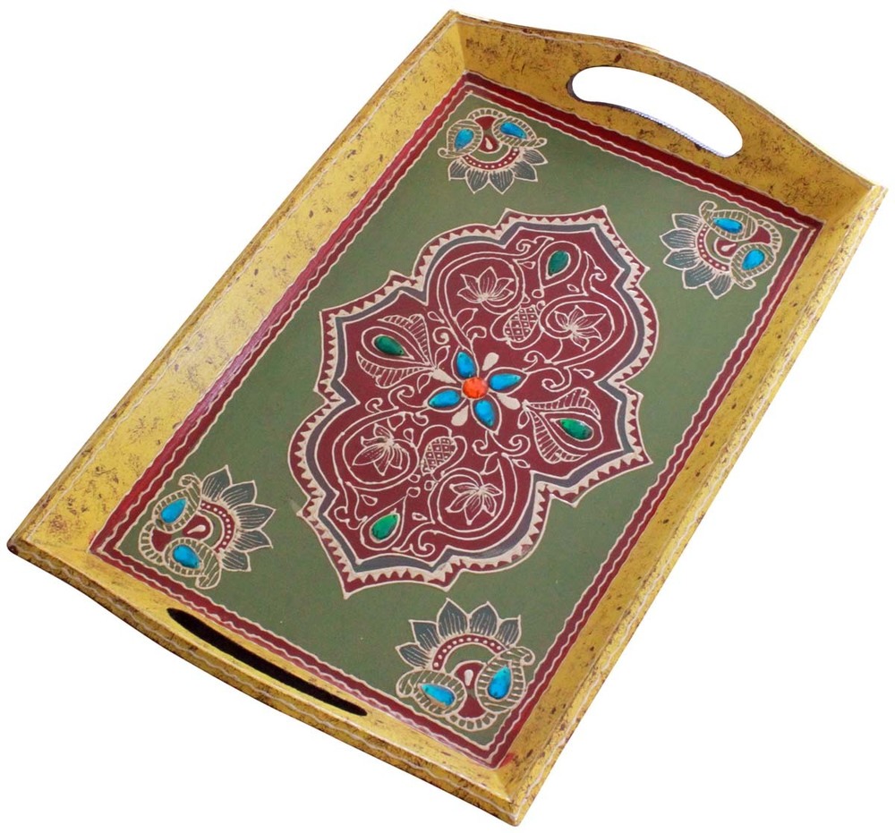 Wooden Decorative Serving Tray - 16x11 Inches Wood, Green Multi-Color | Handcrafted, Printed, Two Handles, Durable