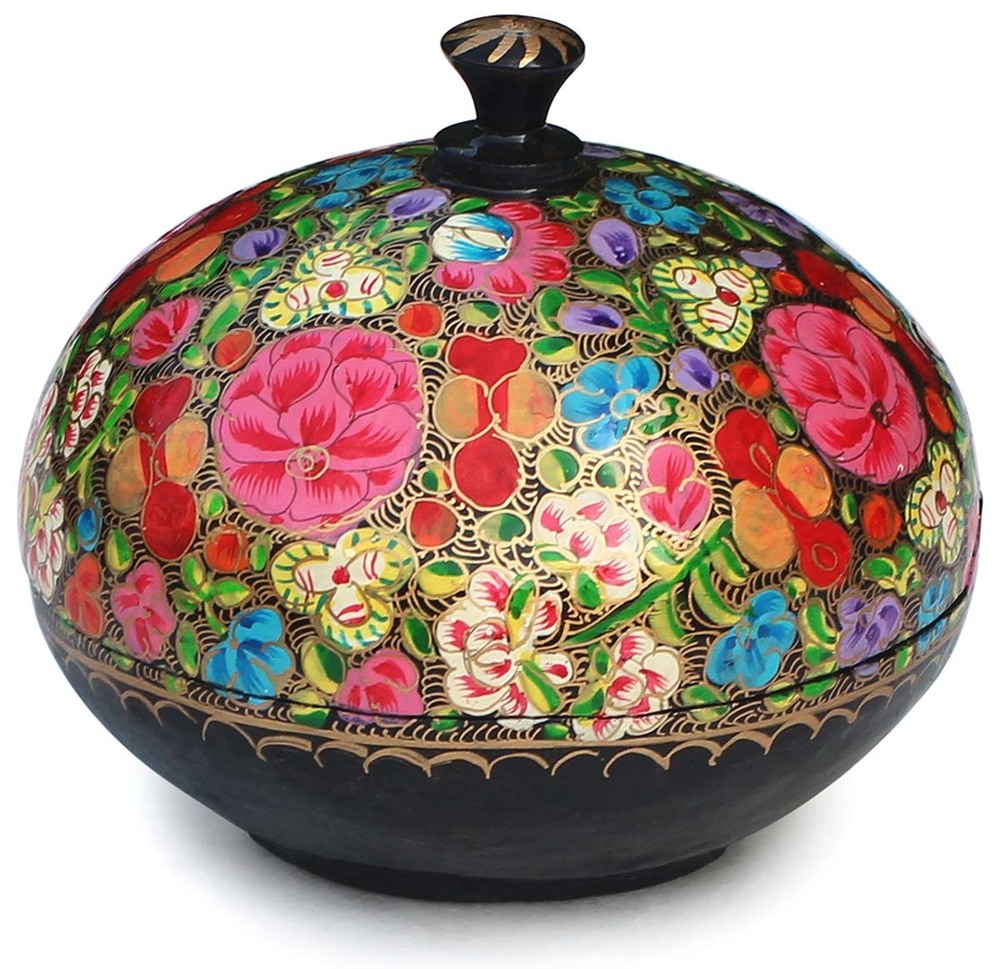 Round Black Jewelry Box - Handmade Paper Mache Multi-Color Floral Design | Eco-Friendly Storage for Rings Studs and Trinkets