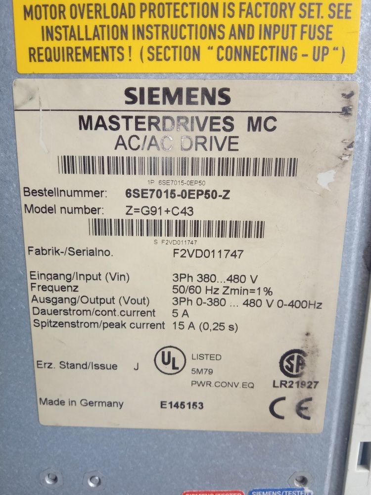 SIEMENS MASTERDRIVES MC AC/AC DRIVE 6SE7 015-0EP50-Z