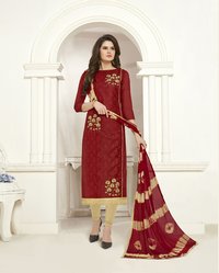 Cream And Red Fancy Embroidered Dress Material