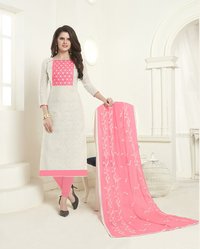 Cotton Jacquard Embroidered Dress Material - Free Size, White And Light Pink With Mirror Work, Breathable And Anti Wrinkle Features
