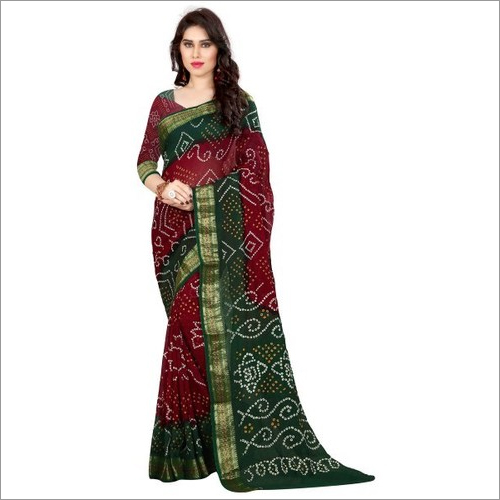 Pure Cotton Bandhej Saree With Zari Work