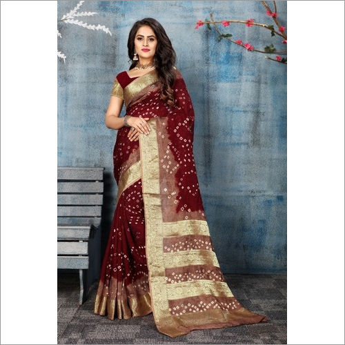 Navratri Special Pure Cotton Bandhani Saree With Zari Work