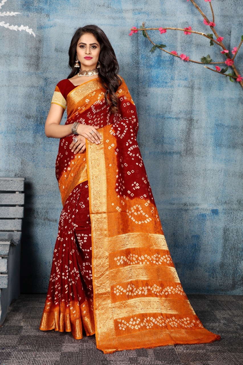 Navratri Special Pure Cotton Bandhani Saree With Zari Work