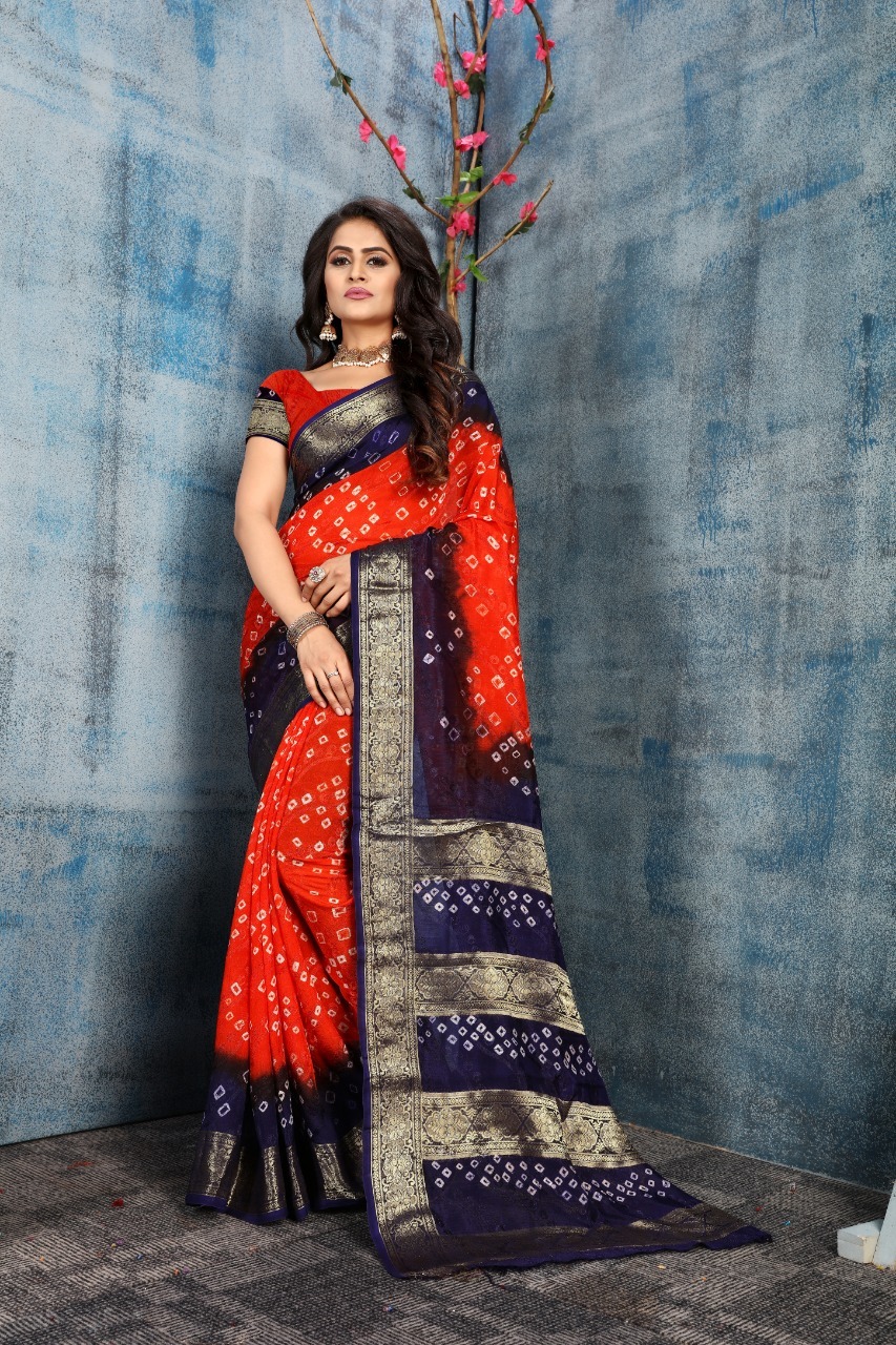 Navratri Special Pure Cotton Bandhani Saree With Zari Work