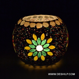 Antique Mosaic Design Glass T-Light Candle Holder