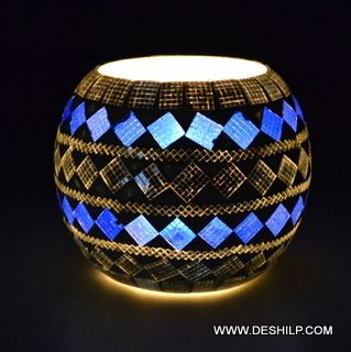 Blue Mosaic Glass Candle Holder