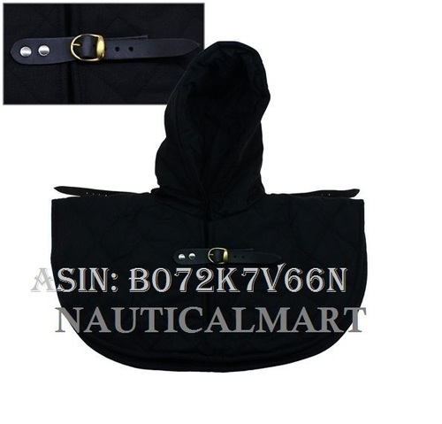 Heavy Stitched Cotton, Wool Felt, Genuine Leather, Brass NAUTICALMART Renaissance Medieval Cotton Padded Armor Collar and Coif - 23 Inch Length, 21 Inch Width, Adjustable Leather Fitment, Black