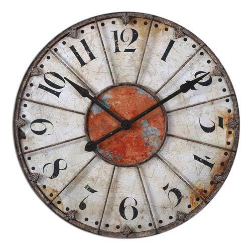 Wall Clock - Metal, Ivory Crackled Face, Rustic Bronze Details, Quartz Movement
