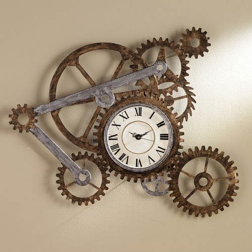 Multi Color Wall Art with Clock - Metal, Brown, Quartz Battery, Roman Numerals, 3D Gear Design
