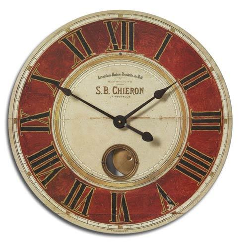 Brass Red Clock - Brass Aluminum, Red Background, Laminated Finish | Rustic Look, Vintage Appeal, Roman Numerals, Battery Operated