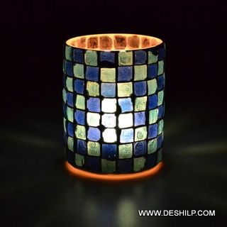 Beautiful Blue Mosaic Glass Candle Holder