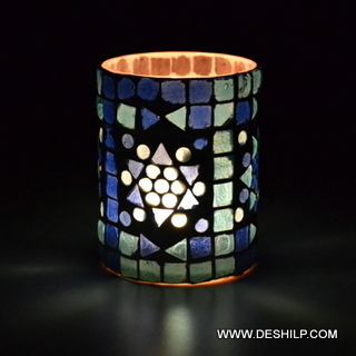 Blue and multicolored Mosaic Glass Candle Holder