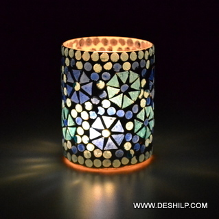 Blue Mosaic Colorful Glass Candle Holder