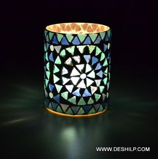 Blue Mosaic Glass Candle Holder