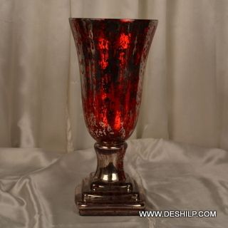 Silver Glass Red Color Hurricane Candle Holder