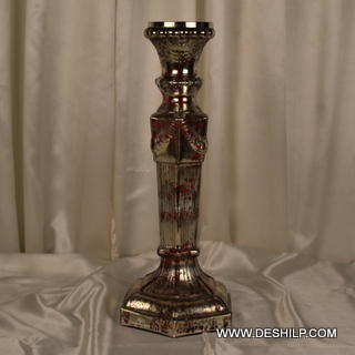 Antique Imitation Silver Finish Glass Pillar Candle Holder