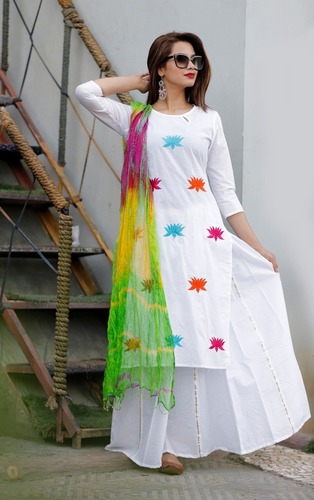 White Gown with Multicolor Dupatta