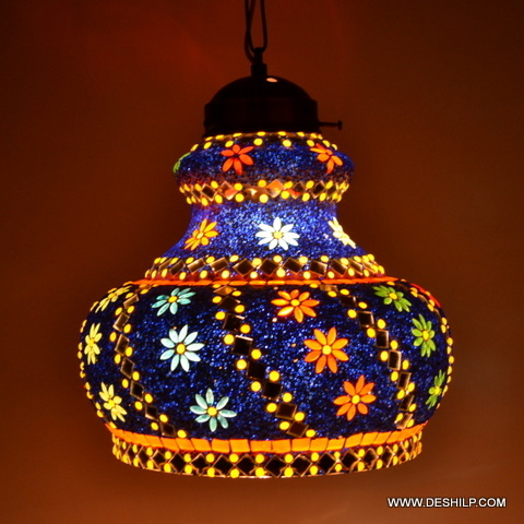 Blue And Golden Decorated Glass Wall Hanging Lamp - Finish: Handmade