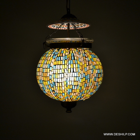 Yellow And Blue Multi Mosaic Glass Wall Hanging Lamp - Finish: Handmade