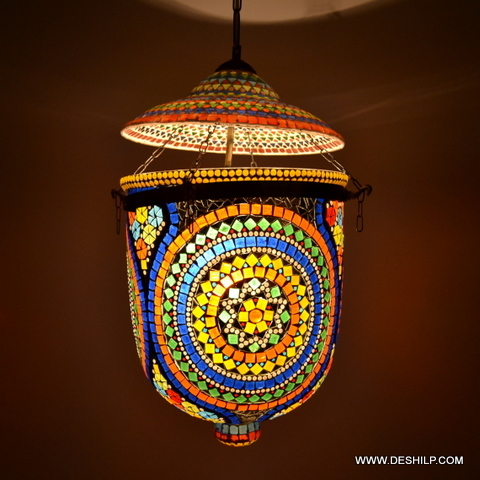 Multicolor Traditional Multi Mosaic Glass Wall Hanging Lamp - Finish: Handmade