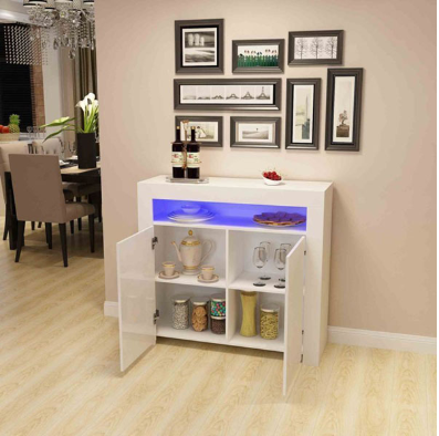 Kitchen Buffet Cabinet,High Gloss LED Sideboard,Storage Server Table with 3 Shelves White