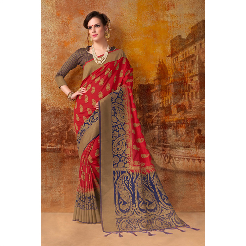 Ladies Printed Cotton Saree - Silk Material, Multicolored, Bollywood Style | Thread Work, Unique Patterns, Exquisite Colors, Smooth Texture