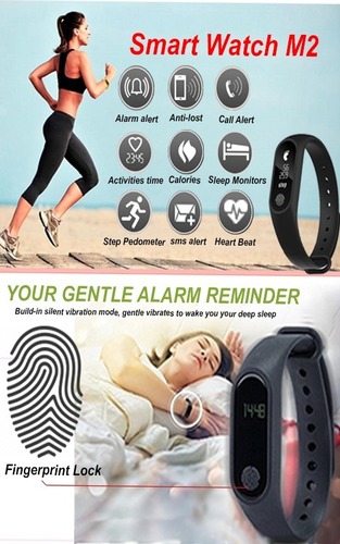 M2 Smart Watch - Flexible Synthetic Rubber Band | Unisex, Sleep Monitor, Step Pedometer, Heartbeat Recorder, Calorie Meter, Fingerprint Sensor, Call Alerts, Rechargeable Battery