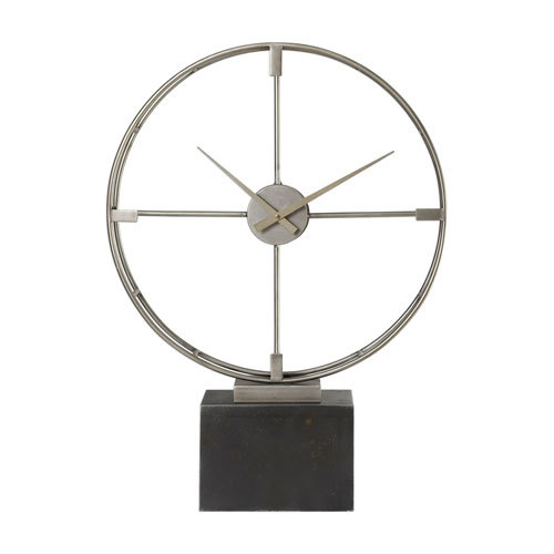 Table Clock - Metal and Stone, 14x14x4 Inches, Antiqued Silver, Quartz Movement, Black Marble Base