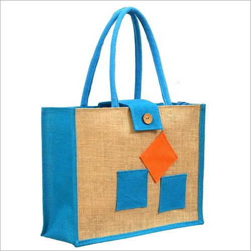 Blue Printed Jute Tote Bag
