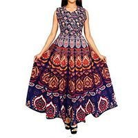 Rajasthani Kurti - Cotton, Floor Length | Sleeveless, Round Neck, Blue Printed Design, Pullover Style