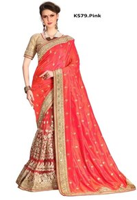 Pink Traditional Embroidered  Dupion Silk Saree