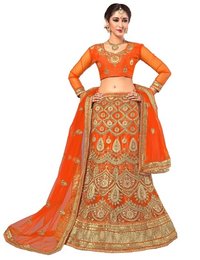 Orange Embroidered Semi Stitched Wedding Lehenga Choli