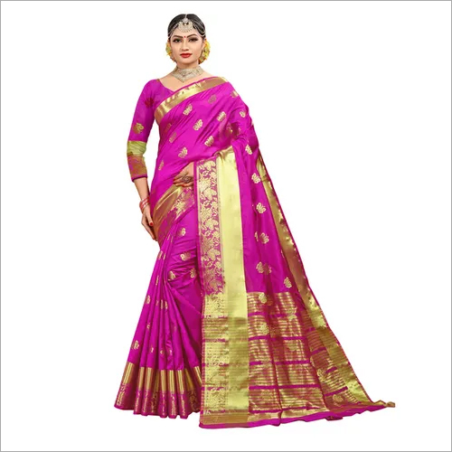 Pink And Golden Party Wear Cotton Jacquard Saree
