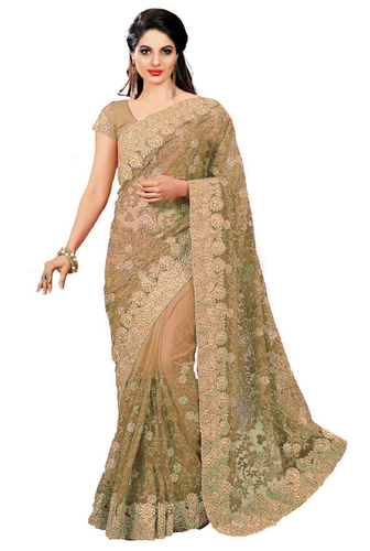 Beige Floral Embroidered Net Saree Collection