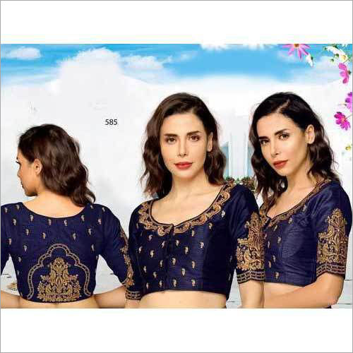 Blue Ladies Embroidered Neck Designer Saree Blouse