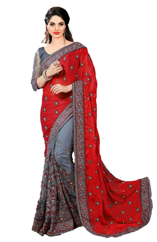 Half & Half Embroidered Satin & Net Saree - 5.5 Mtr Length, Red Color | Unstitched Dupion Blouse, Festival Ready with Stone & Mirror Work