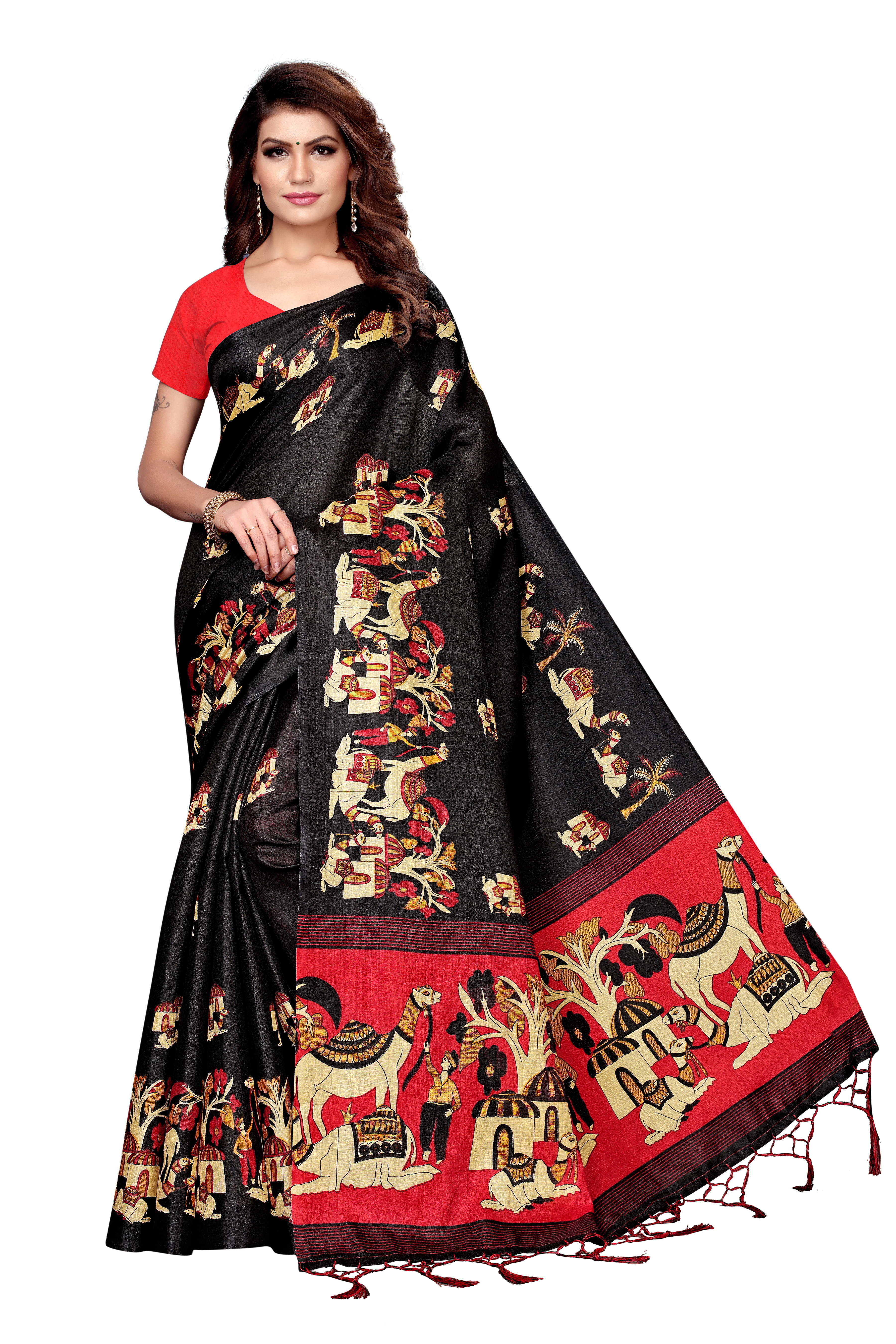 Fancy Print Kalamkari Saree with Jhalar (Tessals)