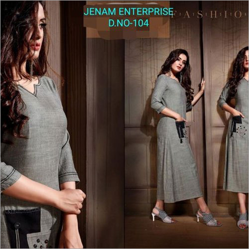 Ladies Fancy Cotton Kurti - Cotton, 46" Length, 3/4th Sleeves, Grey | Trendy Anarkali Style, Comfortable Fit, Washable, Breathable Fabric