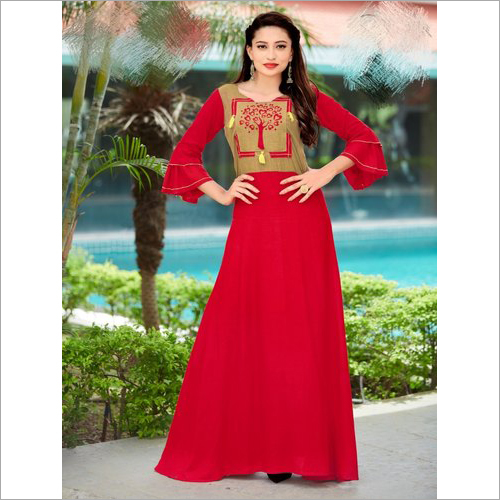 Ladies Printed Floor Length Kurti - A-One Rayon Fabric, Sizes L(40) XL(42) XXL(44) | 3/4" Sleeves, Anarkali Style, Washable, Shrink & Wrinkle Resistant