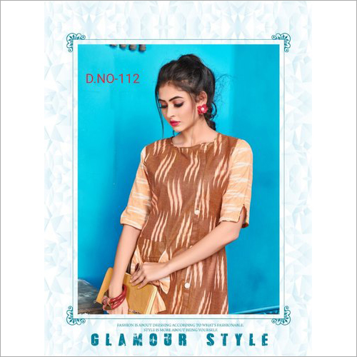 Ladies Cotton Kurti - Cotton Handloom Ikkat Fabric, 35" Length, Available Sizes S-XXL | Printed Design, 3/4th Sleeves, Trendy Casual Wear