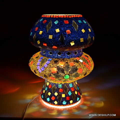Multicolored Blue Mosaic Glass Table Lamp For Night - Finish: Handmade