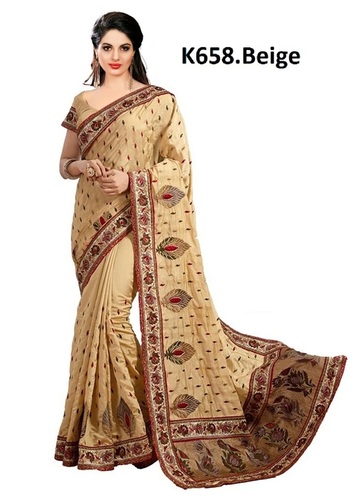 Embroidered Silk Saree - Dupion Silk Fabric, 5.5 Mtr Length, Beige Color | Unstitched Blouse Piece, Unique Design for Festivals and Special Occasions